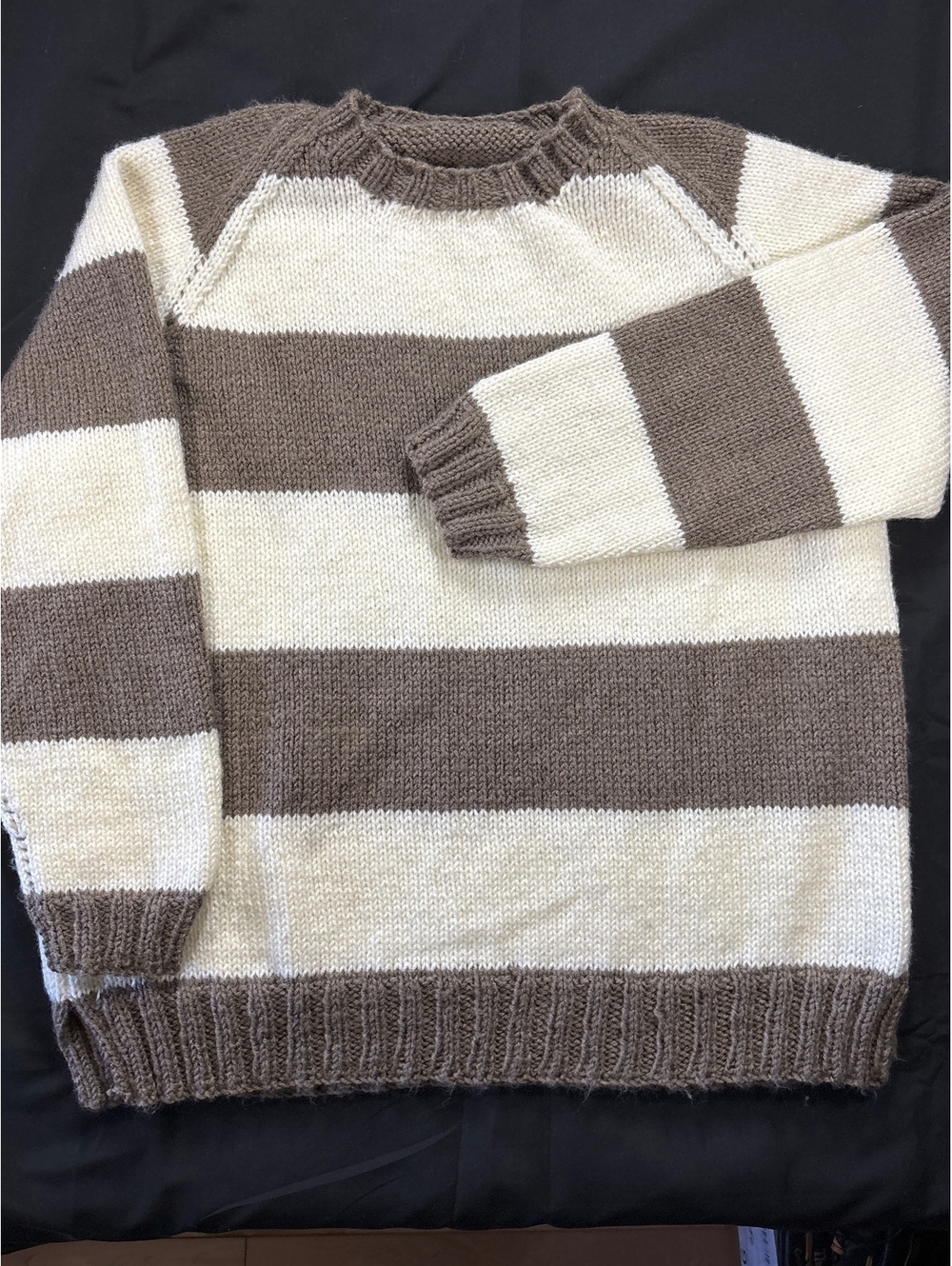 Hand Knit One of a Kind Cream Brown Striped Chunky Sweater Pullover